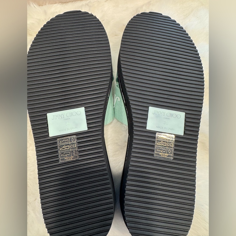 Jimmy Choo Green Canvas Logo Wedge Sandals - Picture 9 of 10